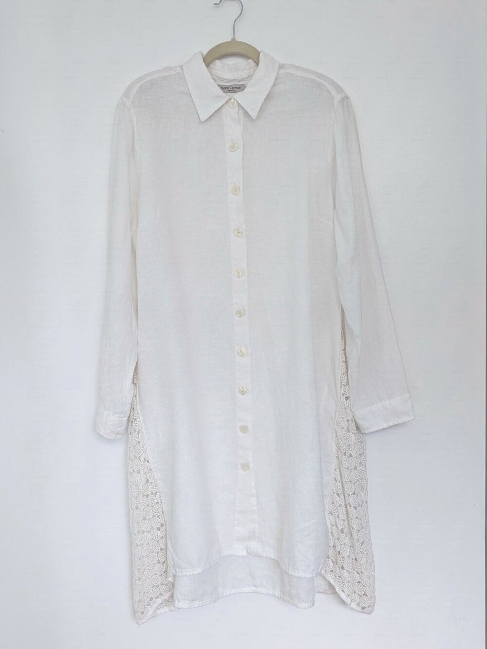 Haris Cotton Linen Maxi Shirtdress with Guipere Lace and Pockets